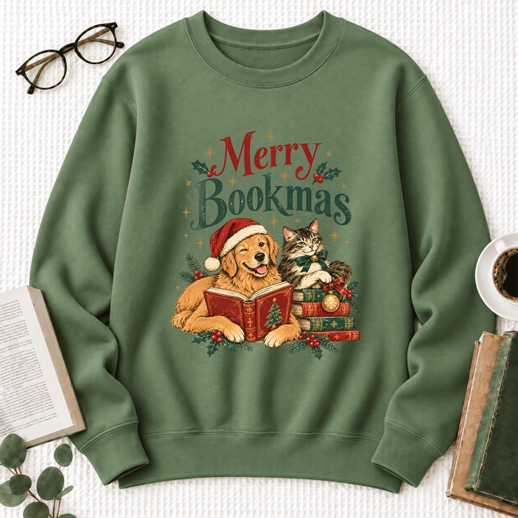 Merry Bookmas Softstyle Sweatshirt | Christmas Book Lover Gift Military Green