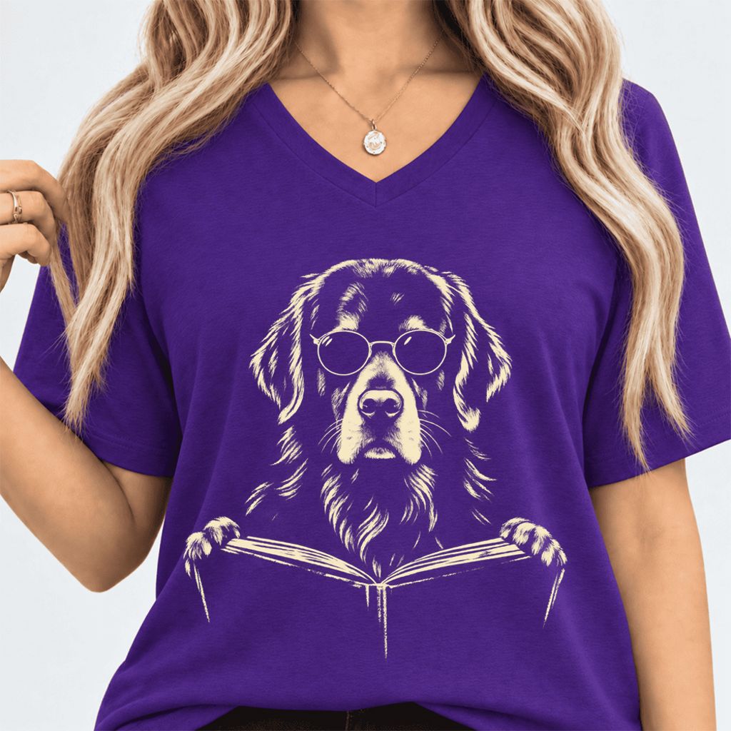 Golden Retriever Reading Book Ultra-Soft V-Neck | Dog Mom Reader Gift Team Purple