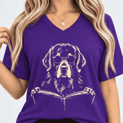 Golden Retriever Reading Book Ultra-Soft V-Neck | Dog Mom Reader Gift Team Purple