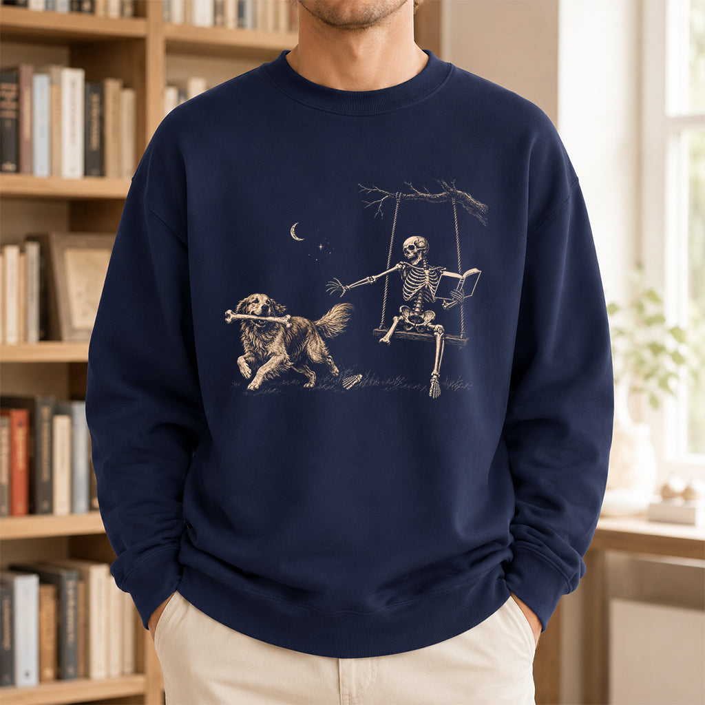 Funny Reading Book With Golden Retriever Printed Sweatshirt | Halloween Dog Lover & Reader Gift Navy
