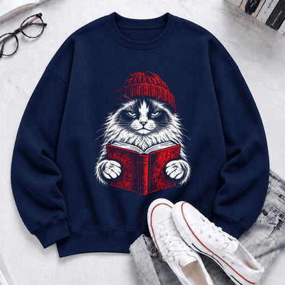Vintage Reading Cat Ragdoll Softstyle Sweatshirt | Christmas Reader Gift Navy