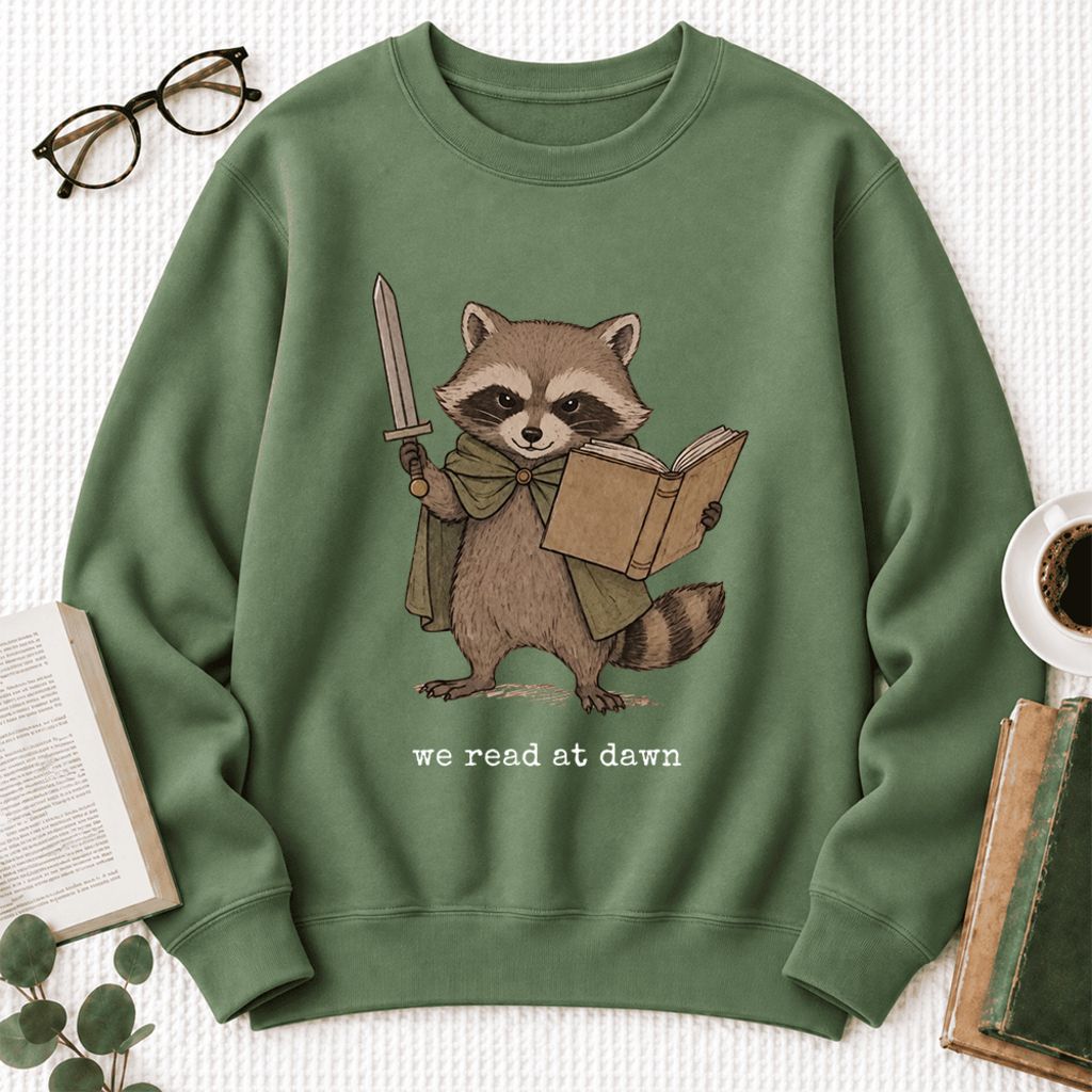 We Read At Dawn Funny Racoon Softstyle Sweatshirt | Cozy Book Lover Gift Military Green