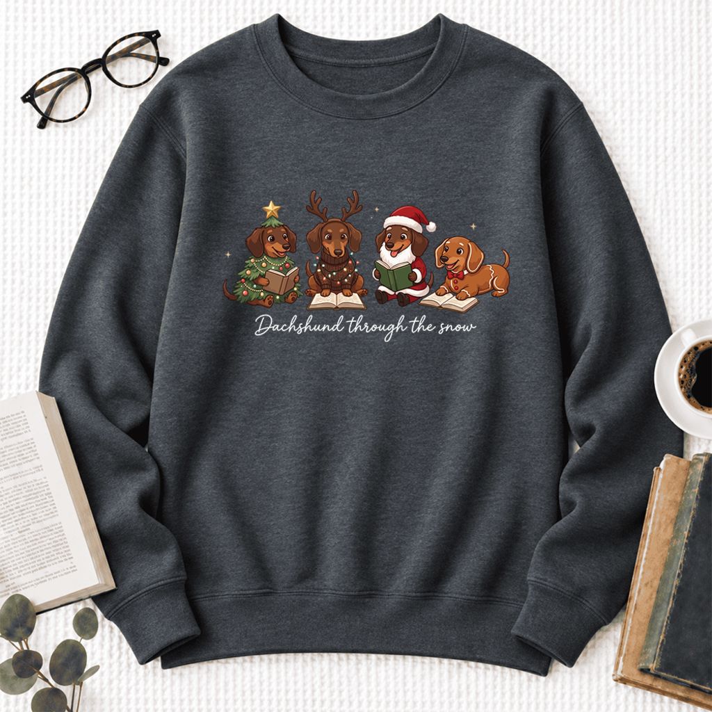 Dachshund Through The Snow Softstyle Sweatshirt | Christmas Book Lover Gift Dark Heather