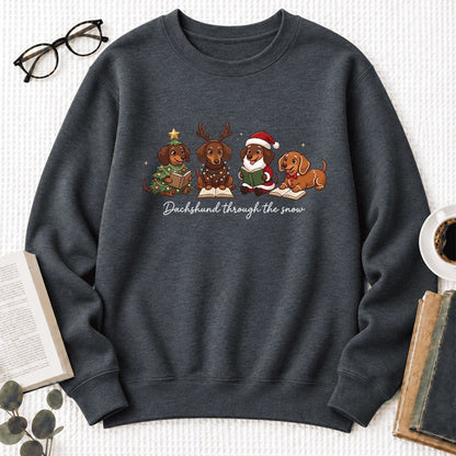 Dachshund Through The Snow Softstyle Sweatshirt | Christmas Book Lover Gift Dark Heather