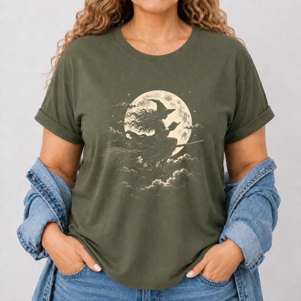 Reading Witch On The Flying Broom Printed T-Shirt | Halloween Book Lover Gift Military Green