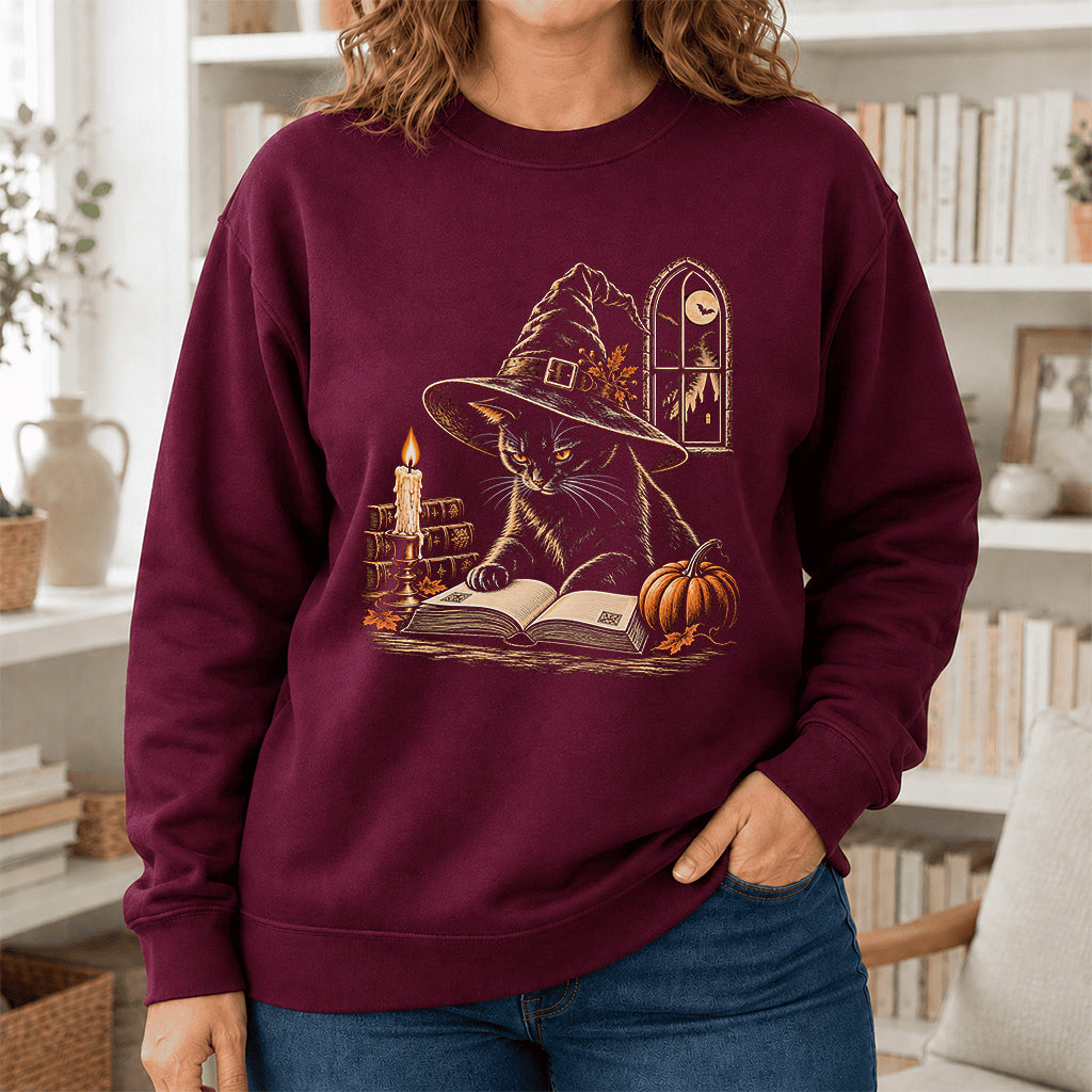 Reading Black Cat Witch Printed Sweatshirt | Halloween Book Lover Gift Maroon