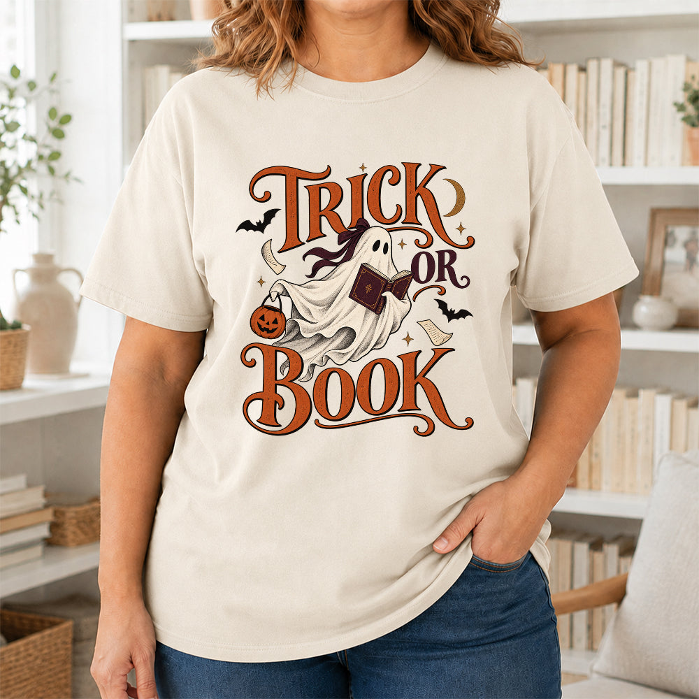 Trick Or Book Ghost Printed T-Shirt | Halloween Book Lover Gift Natural