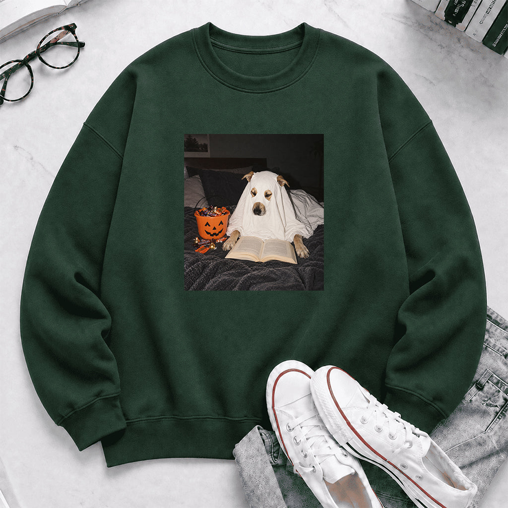 Cute Reading Ghost Dog Printed Sweatshirt | Halloween Book Lover Gift Forest Green