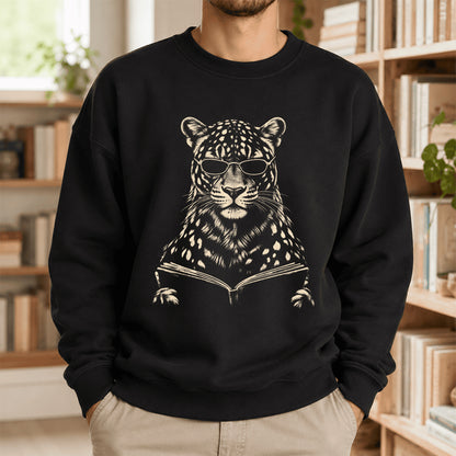 Leopard Reading Book Crewneck Sweatshirt | Reader Gift Black