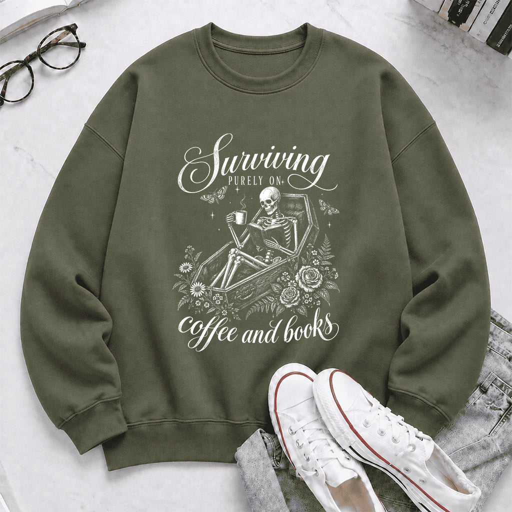 Surviving Purely On Coffee And Books Printed Sweatshirt | Halloween Reader Gift Military Green