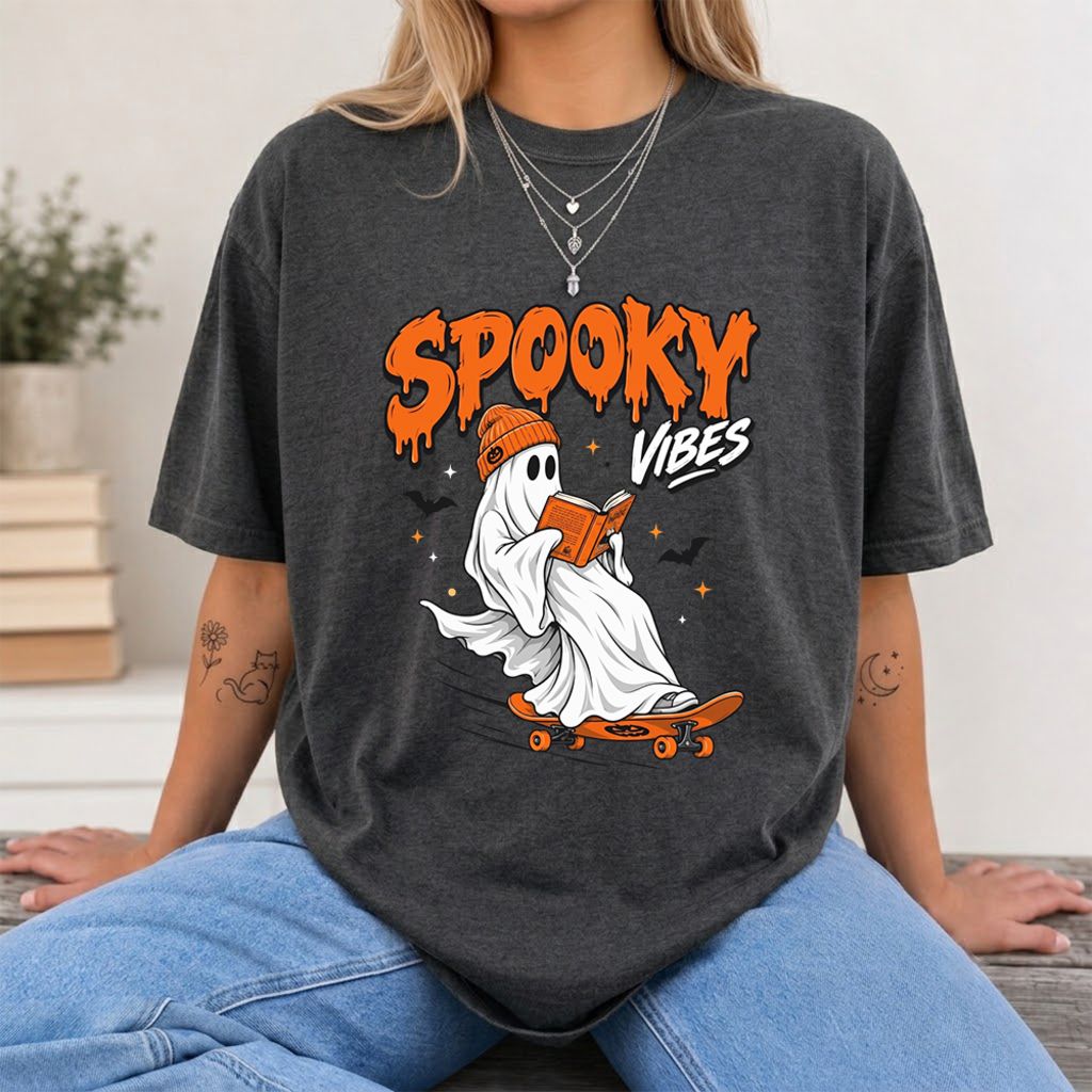 Spooky Vibes Printed T-Shirt | Halloween Book Lover Gift Dark Heather