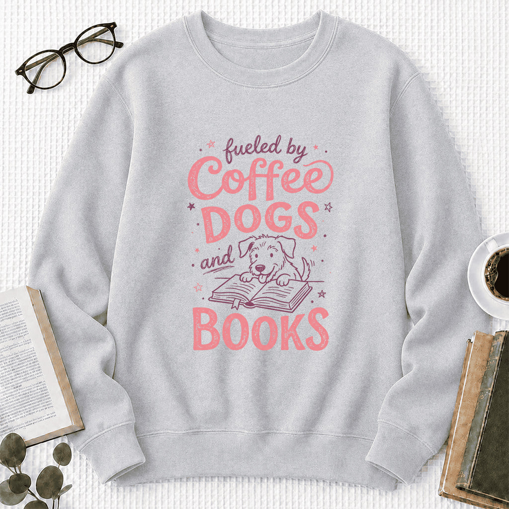 Fueled By Coffee, Dogs and Books Crewneck Sweatshirt | Coffee & Dog Lover, Reader Gift Sport Grey