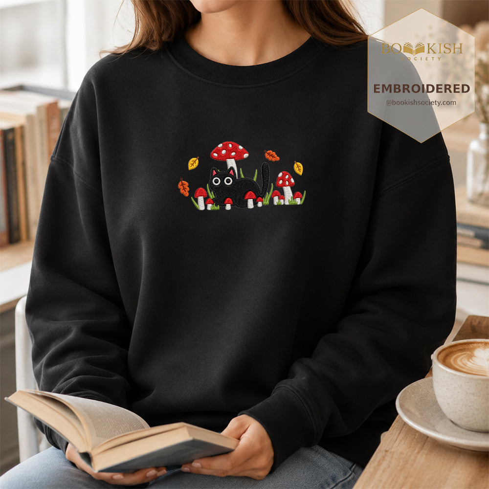 Mushroom Cat Embroidered Sweatshirt | Reader Gift Black