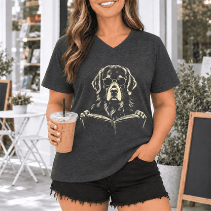 Golden Retriever Reading Book Ultra-Soft V-Neck | Dog Mom Reader Gift Dark Grey Heather