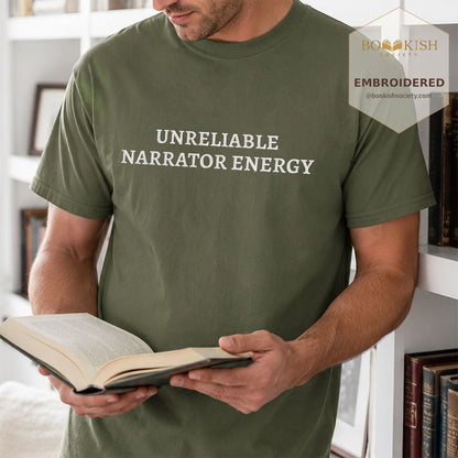 Embroidered Unreliable Narrator Energy Comfort Color® T-shirt Book Lover Gift Hemp