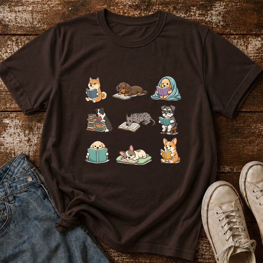 Funny Dogs Reading Softstyle T-Shirt | Book Lover Gift Dark Chocolate