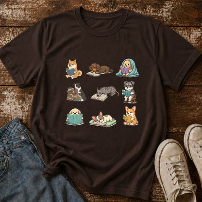 Funny Dogs Reading Softstyle T-Shirt | Book Lover Gift Dark Chocolate
