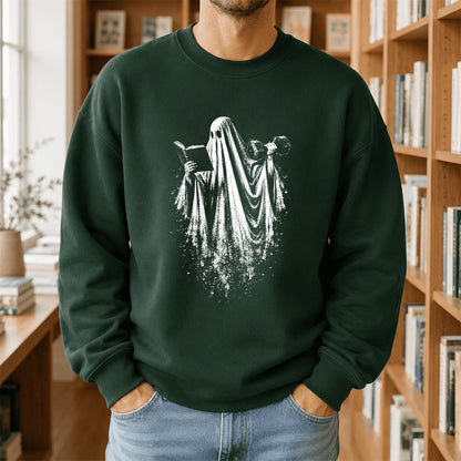 Reading Gym Ghost Printed Sweatshirt | Halloween Book Lover Gift Forest Green