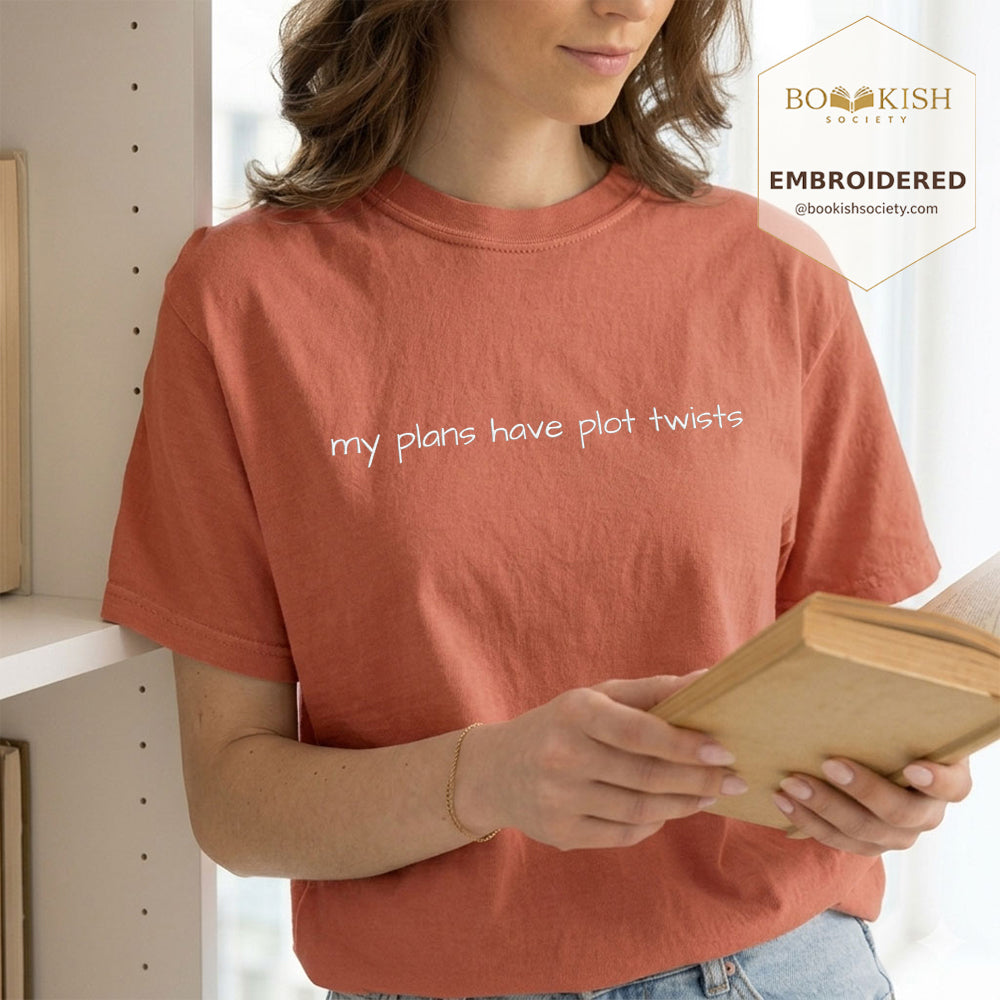Embroidered My Plans Have Plot Twists Comfort Color® T-shirt Book Lover Gift Terracotta