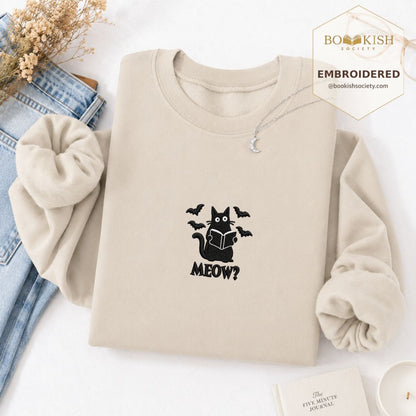 Halloween Meow Embroidered Sweatshirt | Spooky Book Lover Gift Sand