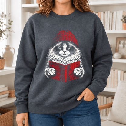 Vintage Reading Cat Ragdoll Softstyle Sweatshirt | Christmas Reader Gift Dark Heather