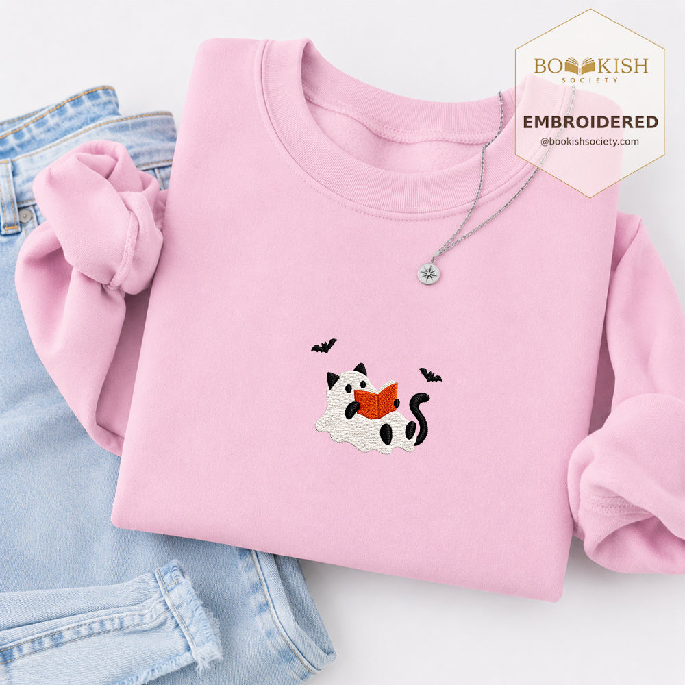 Reading Ghost Cat Embroidered Sweatshirt | Spooky Halloween Reader Gift Light Pink