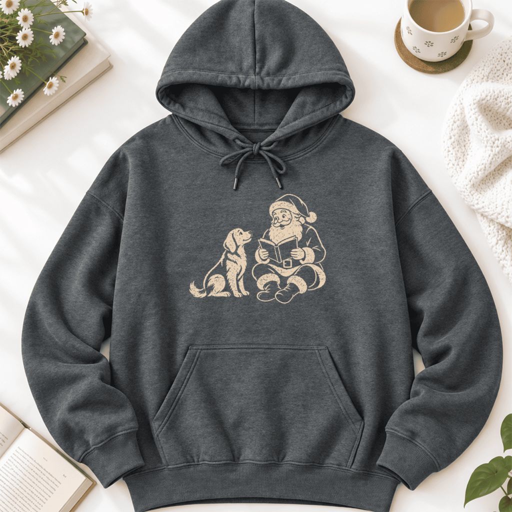 Funny Dog With Santa Christmas Softstyle Hoodie | Christmas Gift For Dog & Book Lover Dark Heather
