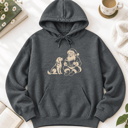 Funny Dog With Santa Christmas Softstyle Hoodie | Christmas Gift For Dog & Book Lover Dark Heather