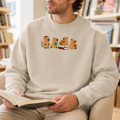 Reading Capybaras Embroidered Sweatshirt | Reader Gift Sand