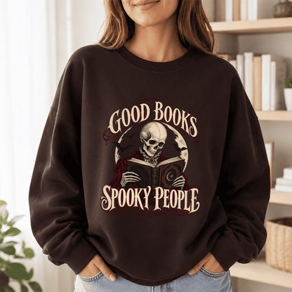 Good Books Spooky People Printed Sweatshirt | Halloween Book Lover Gift Dark Chocolate