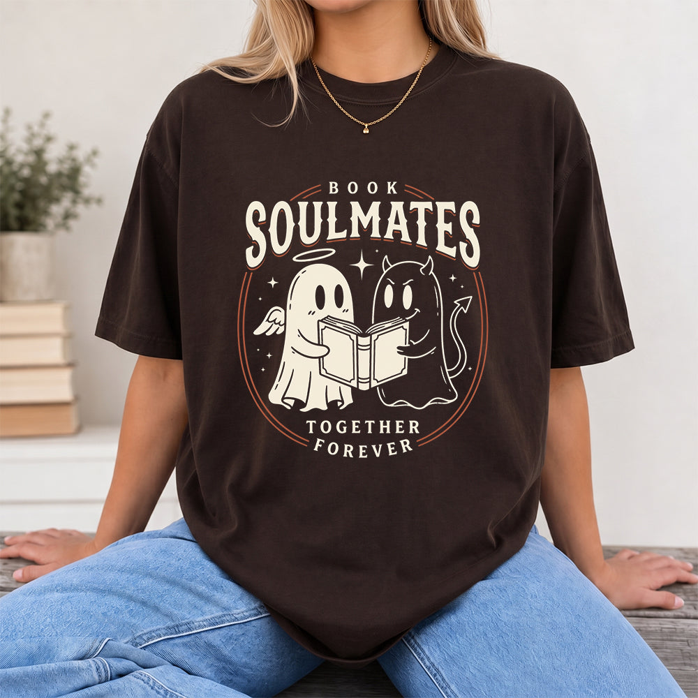 Book Soulmates Together Forever Printed T-Shirt | Halloween Book Lover Gift Dark Chocolate