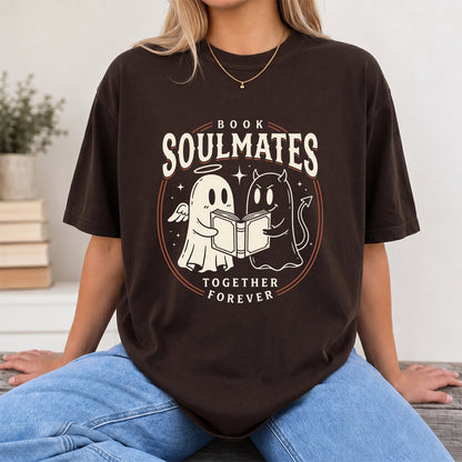 Book Soulmates Together Forever Printed T-Shirt | Halloween Book Lover Gift Dark Chocolate