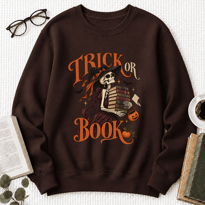 Trick Or Book Printed Sweatshirt | Halloween Book Lover Gift Dark Chocolate