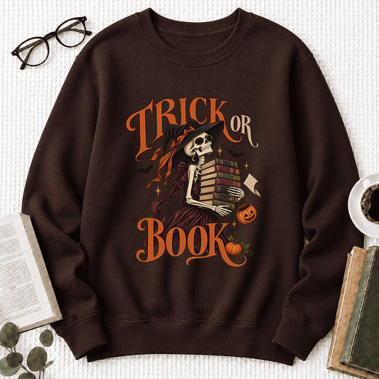 Trick Or Book Lady Crewneck Sweatshirt | Halloween Book Lover Gift Dark Chocolate