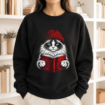 Vintage Reading Cat Ragdoll Softstyle Sweatshirt | Christmas Reader Gift Black