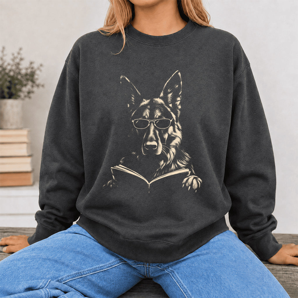 German Shepherd Reading Book Crewneck Sweatshirt | Reader Gift Dark Heather
