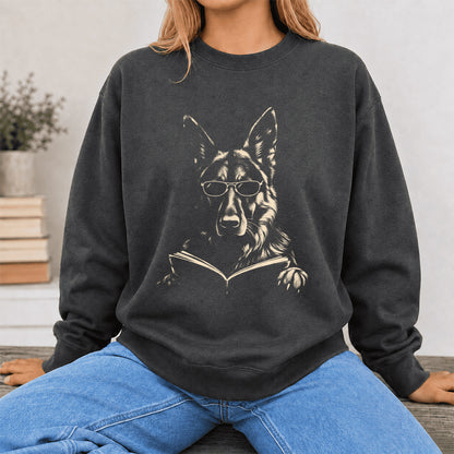 German Shepherd Reading Book Crewneck Sweatshirt | Reader Gift Dark Heather