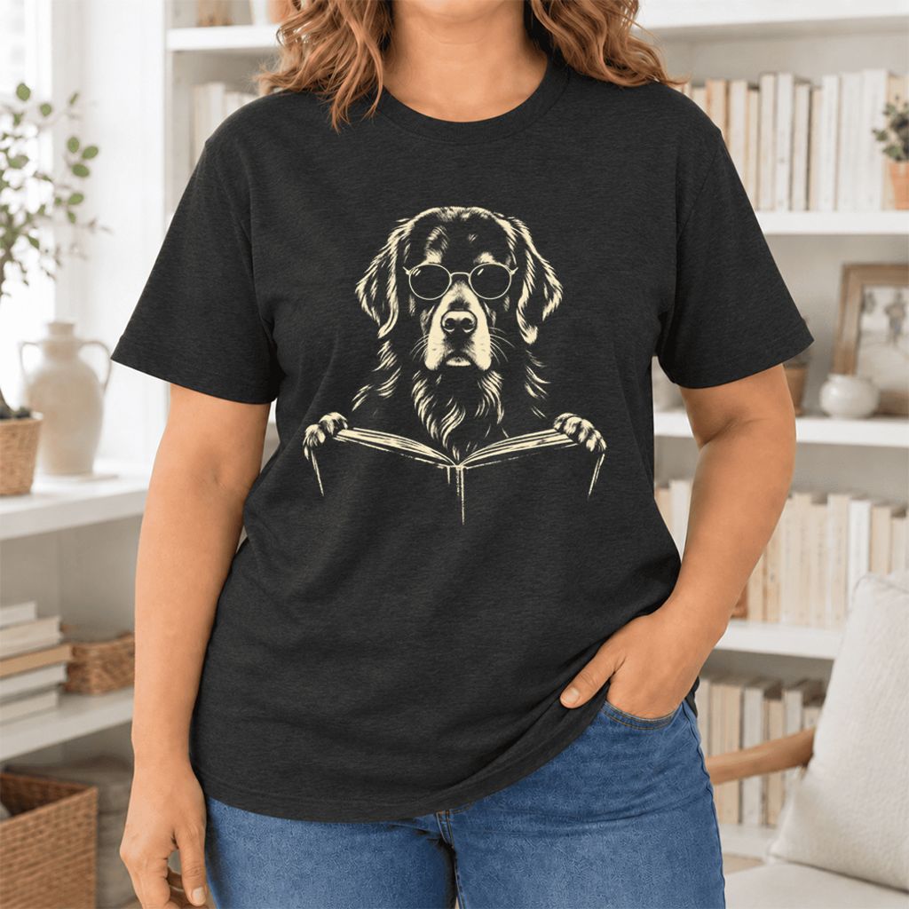 Golden Retriever Reading Book Ultra-Soft Cotton T-Shirt | Dog Mom Reader Gift Black Heather
