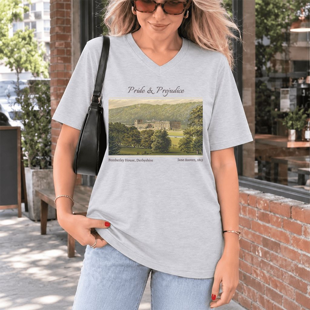 Pemberley House Pride And Prejudice Ultra-Soft V-Neck | Classic Literature Reader Gift Ash