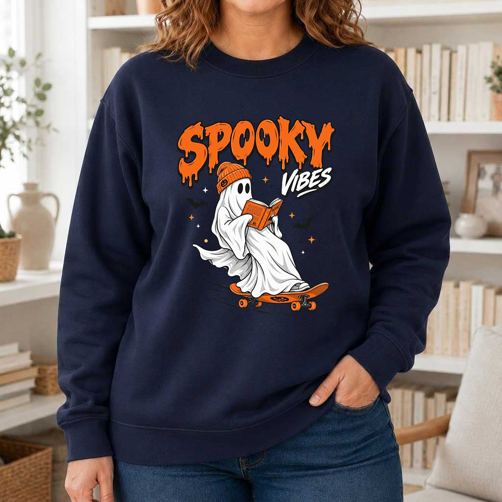 Spooky Vibes Printed Sweatshirt | Halloween Reader Gift Navy