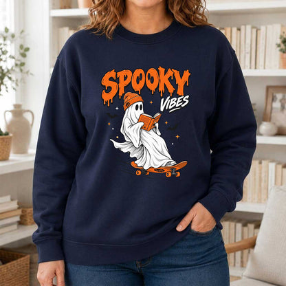 Spooky Vibes Printed Sweatshirt | Halloween Reader Gift Navy