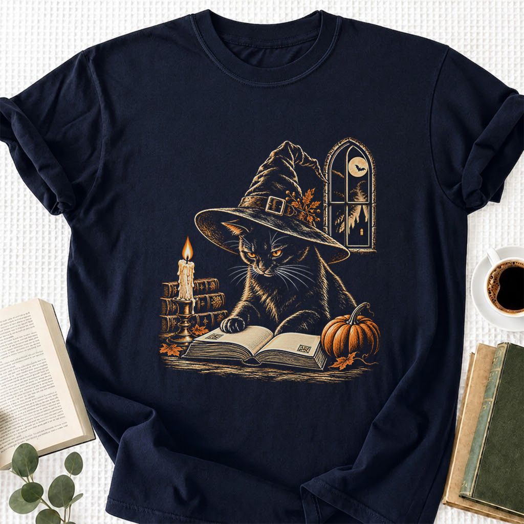 Reading Black Cat Witch Printed T-Shirt | Halloween Book Lover Gift Navy