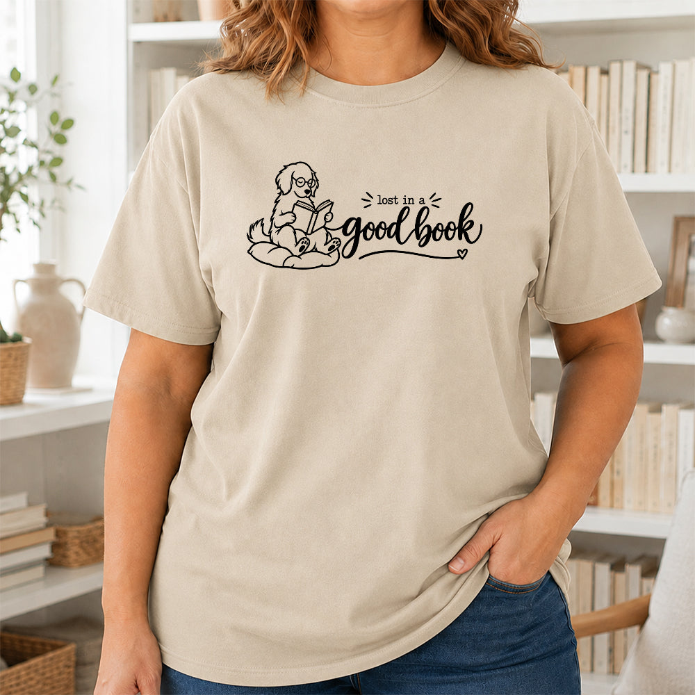 Lost In A Good Book Cotton T-Shirt | Dog & Book Lover Gift Sand