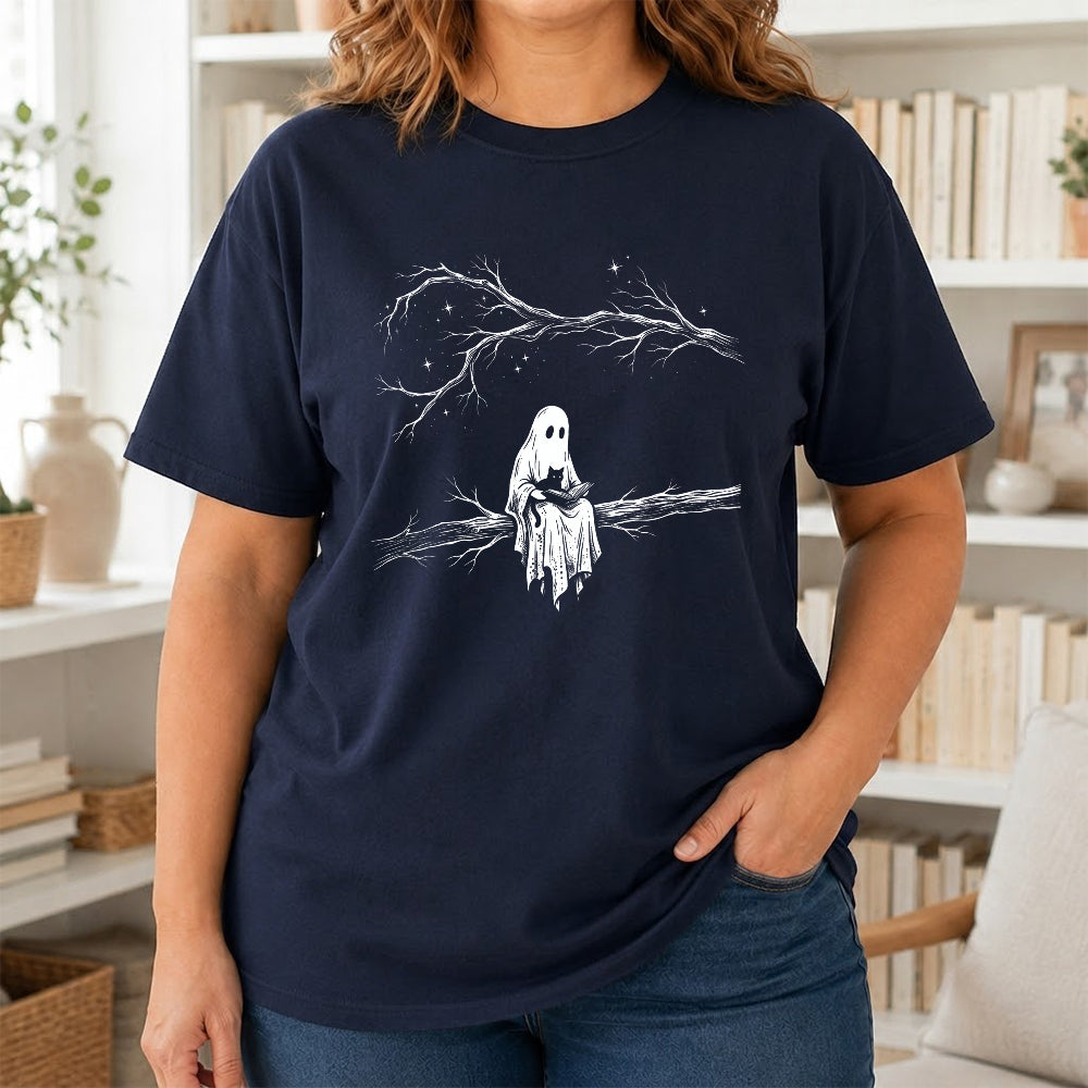 Reading Ghost With Black Cat Printed T-Shirt | Halloween Cat Lover Reader Gift Navy
