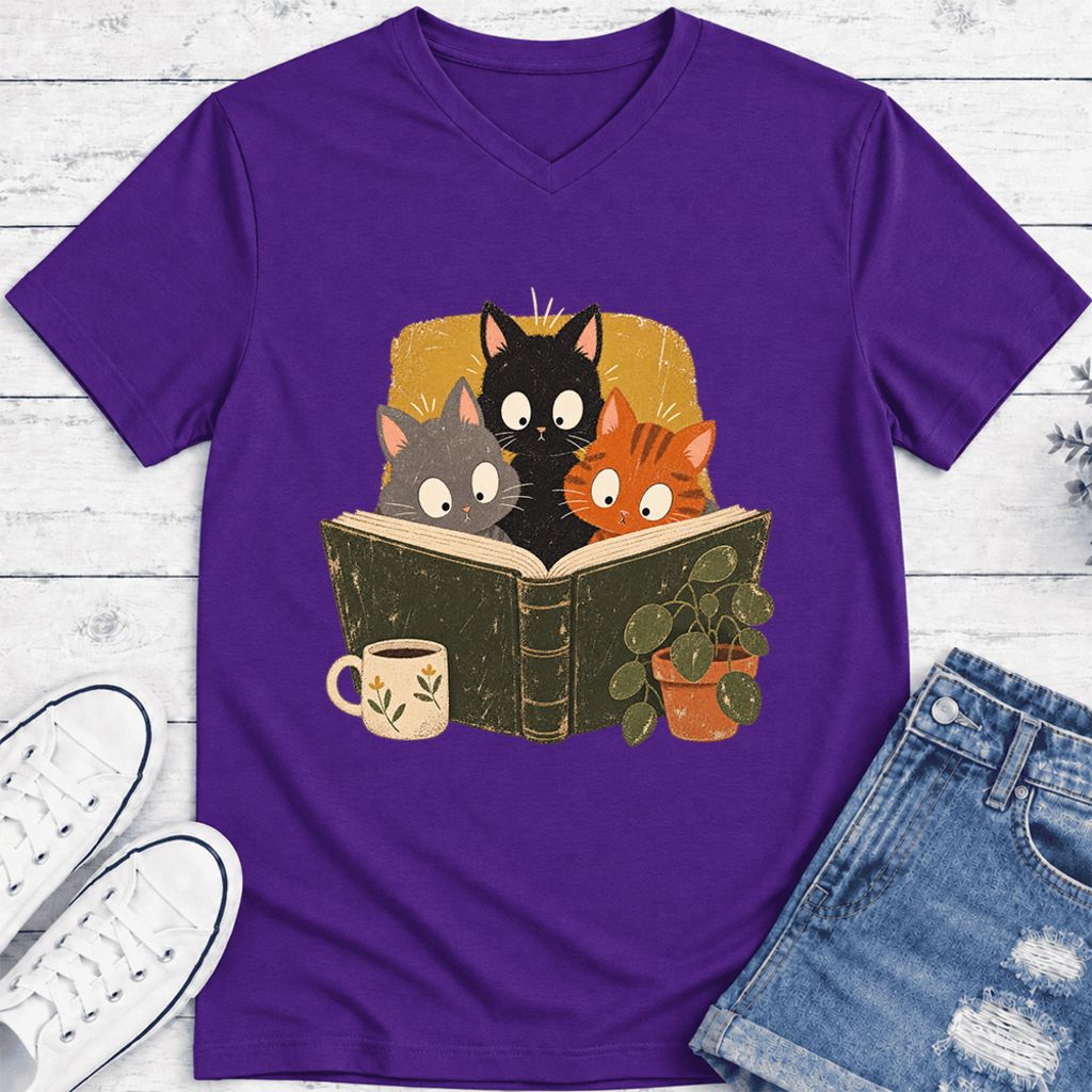 Curious Reading Cats Ultra-Soft V-Neck | Cat Lover Reader Gift Team Purple