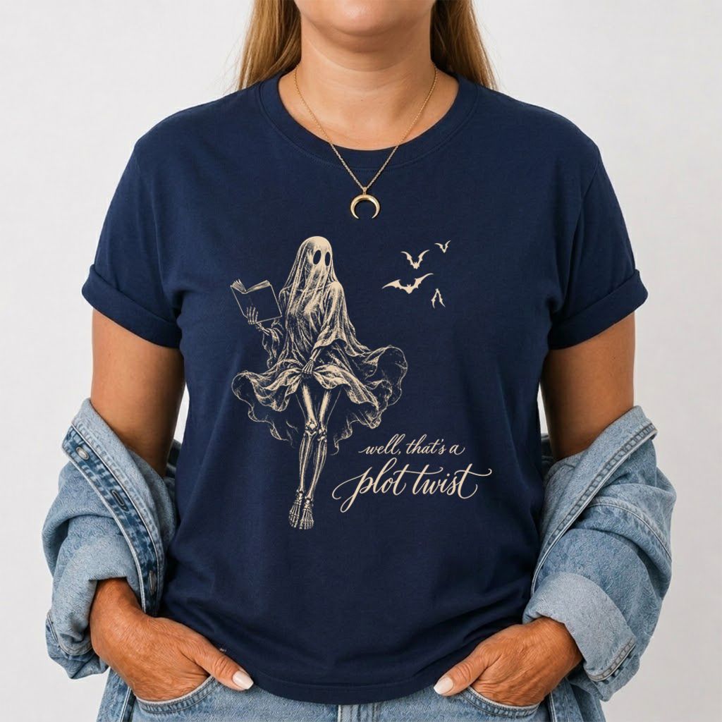 Funny Dress-Wearing Bookworm Ghost Printed T-Shirt | Halloween Book Lover Gift Navy