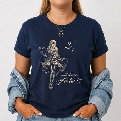 Funny Dress-Wearing Bookworm Ghost Printed T-Shirt | Halloween Book Lover Gift Navy