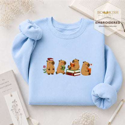 Reading Capybaras Embroidered Sweatshirt | Reader Gift Light Blue