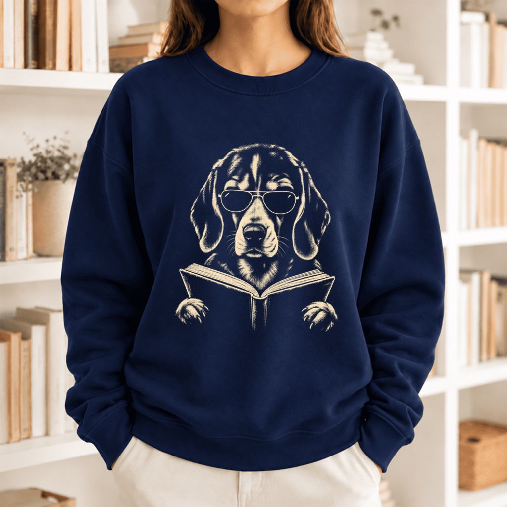Beagle Reading Book Softstyle Sweatshirt | Dog Mom Reader Gift Navy