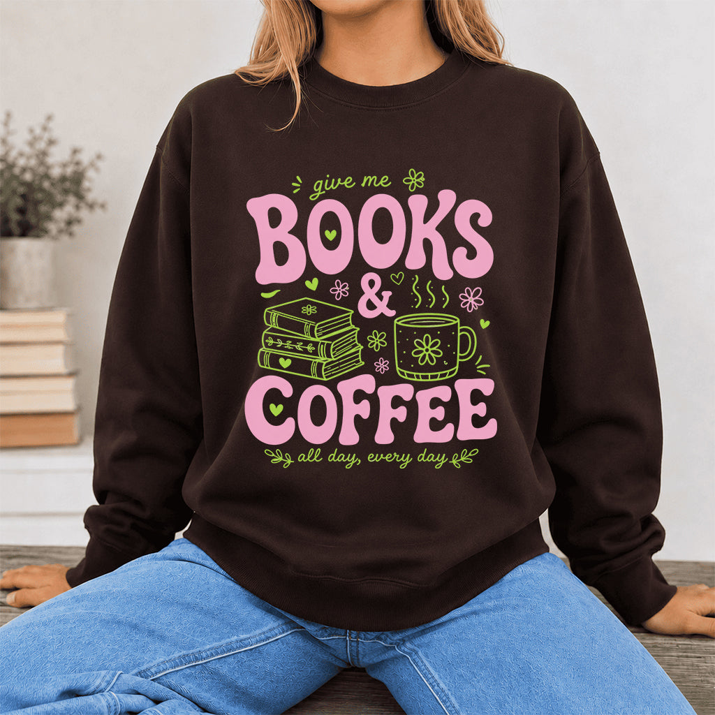 Books and Coffee Crewneck Sweatshirt | Reader Gift Dark Chocolate